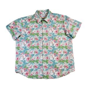 Simply Southern Mens Tropical Shirt L Colorful Logo Beach Vacation Pink/Blue/Grn